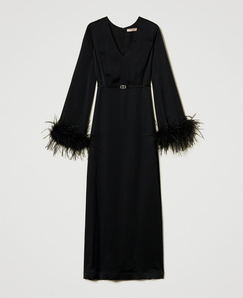 Robe longue en satin avec plumes Noir Femme 242TP2344_00006_S0