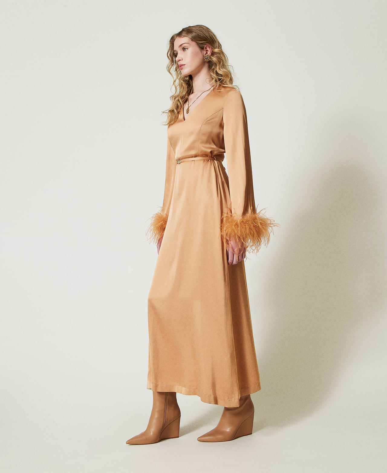 Long satin dress with feathers Bubbly Orange Woman 242TP2344_11751_01