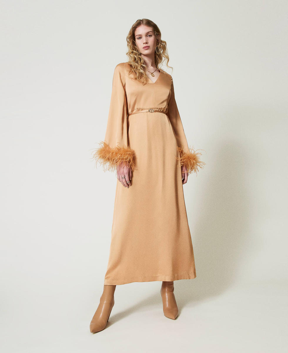 Robe longue en satin avec plumes Orange « Bubbly » Femme 242TP2344_11751_02