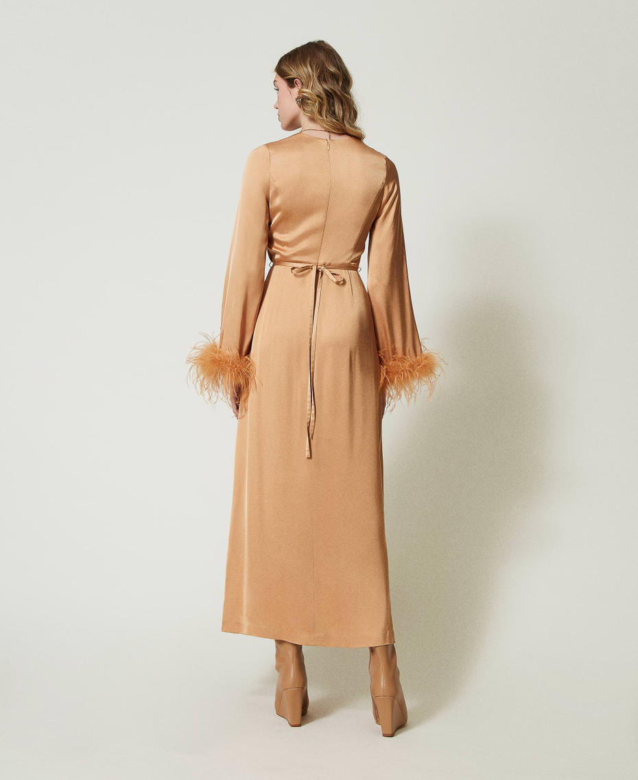 Long satin dress with feathers Bubbly Orange Woman 242TP2344_11751_03