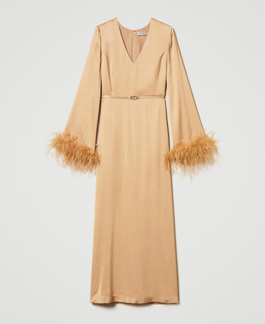 Long satin dress with feathers Bubbly Orange Woman 242TP2344_11751_S0
