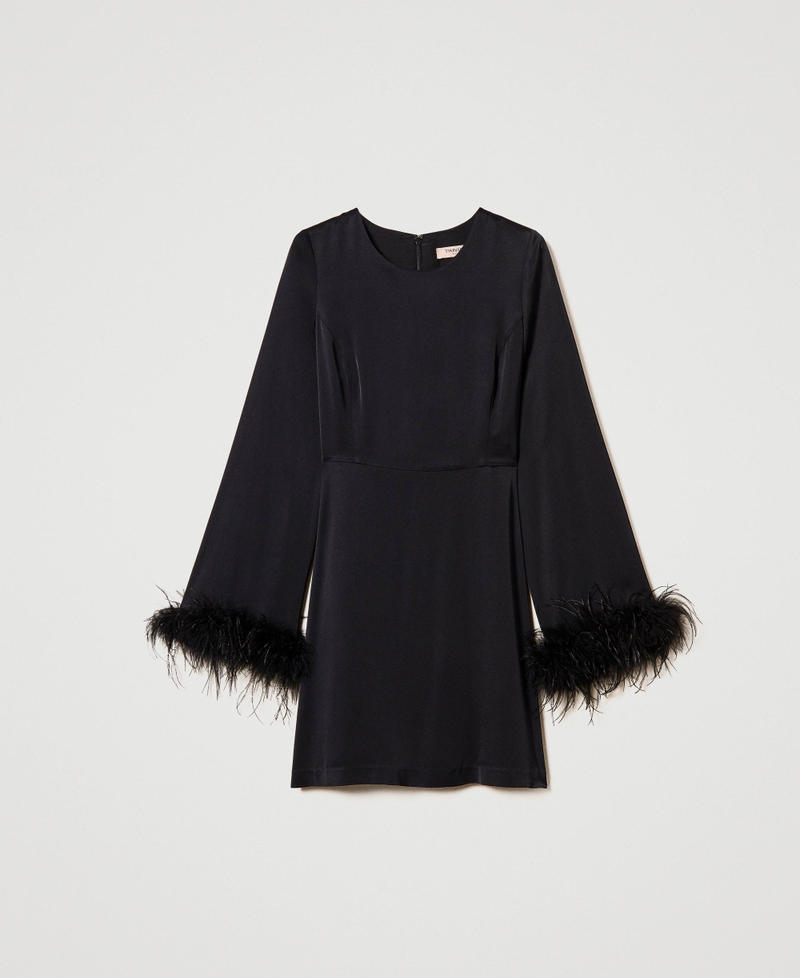 Short satin dress with feathers Black Woman 242TP2346_00006_S0