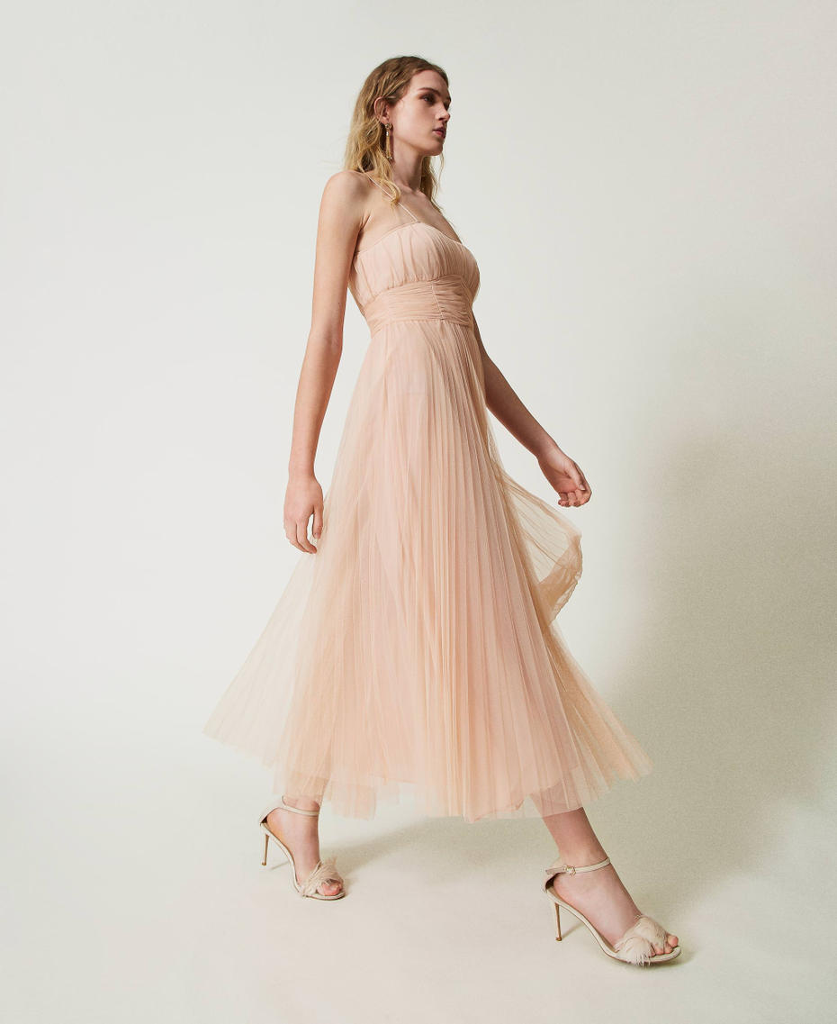 Pleated tulle midi dress Light Nude Woman 242TP2371_11801_01