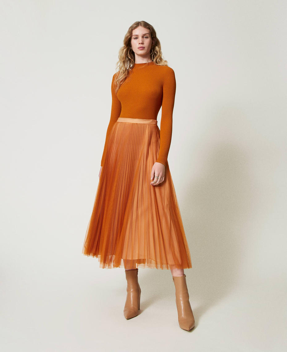 Pleated tulle long skirt Tennè Orange Woman 242TP2372_11749_01