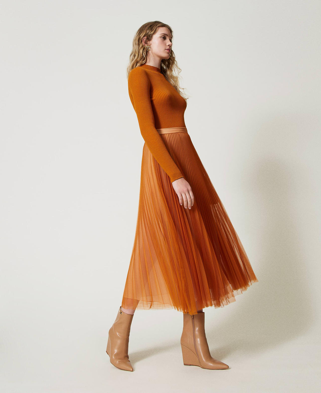 Pleated tulle long skirt Tennè Orange Woman 242TP2372_11749_02