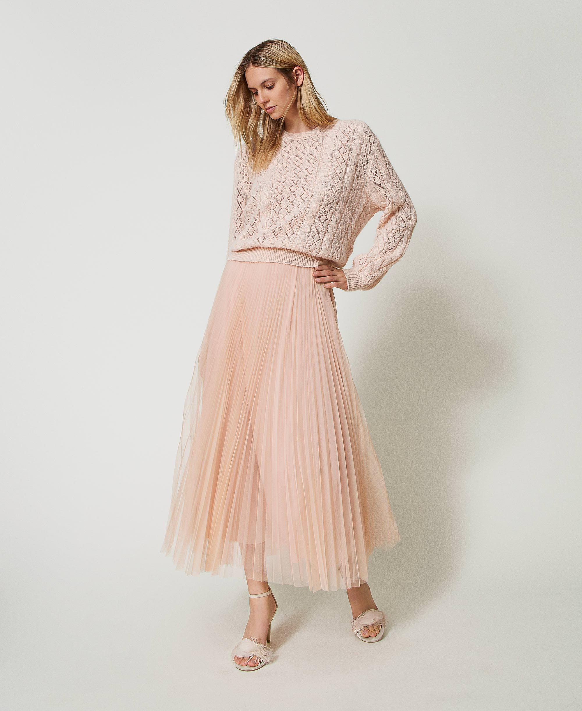 Pleated tulle long skirt