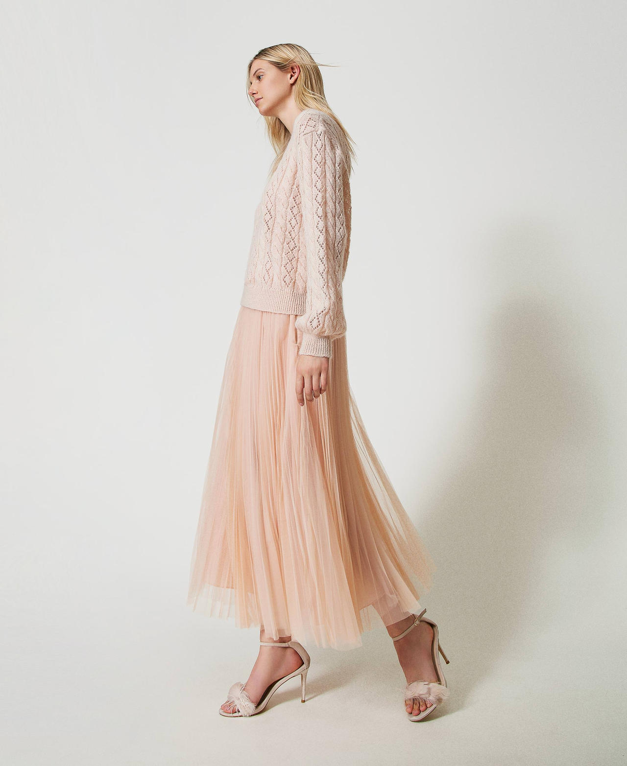 Pleated tulle long skirt Light Nude Woman 242TP2372_11801_02