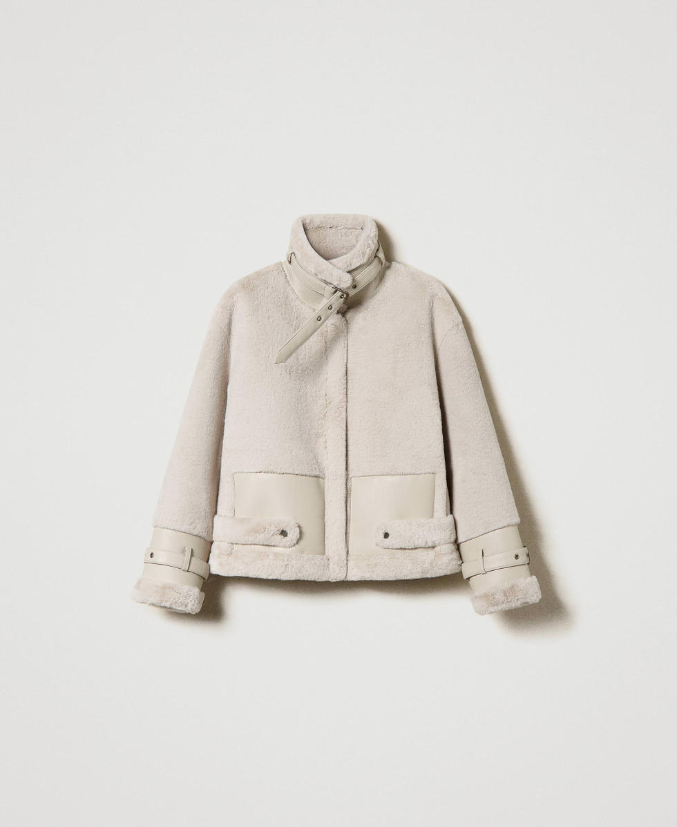 Faux fur jacket with straps