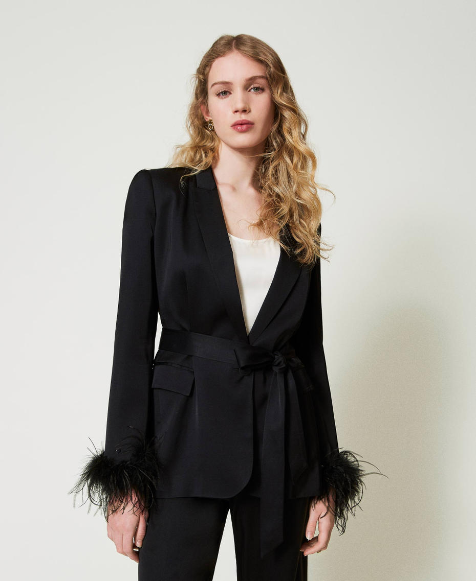 Satin blazer with feathers Black Woman 242TP2450_00006_01
