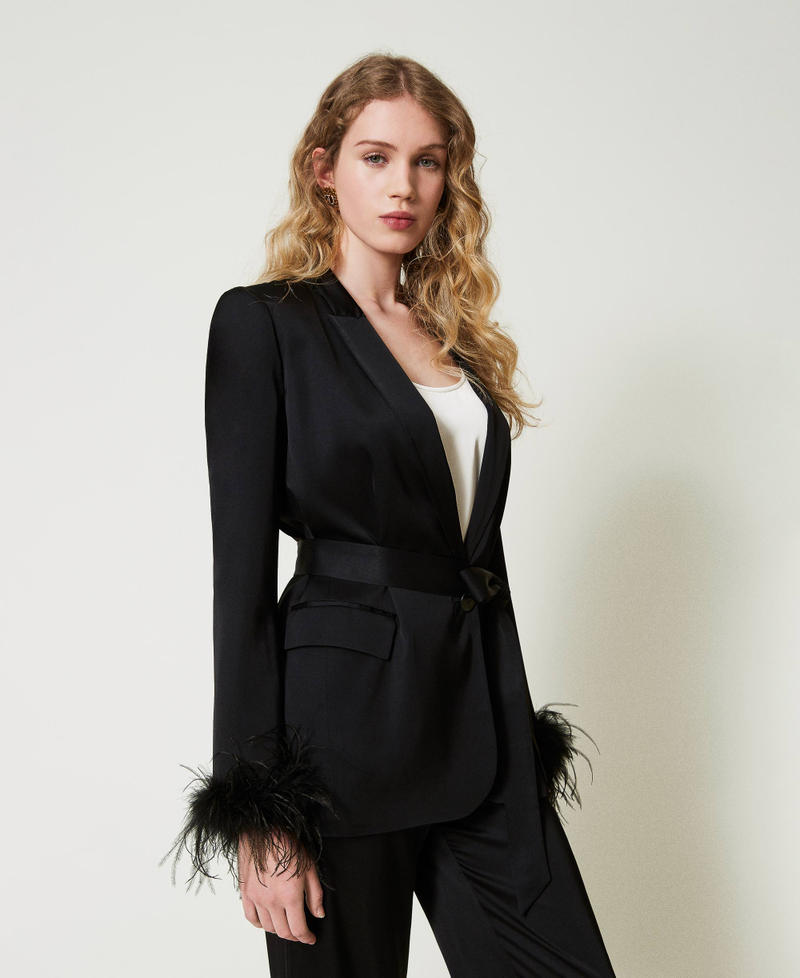 Satin blazer with feathers Black Woman 242TP2450_00006_02