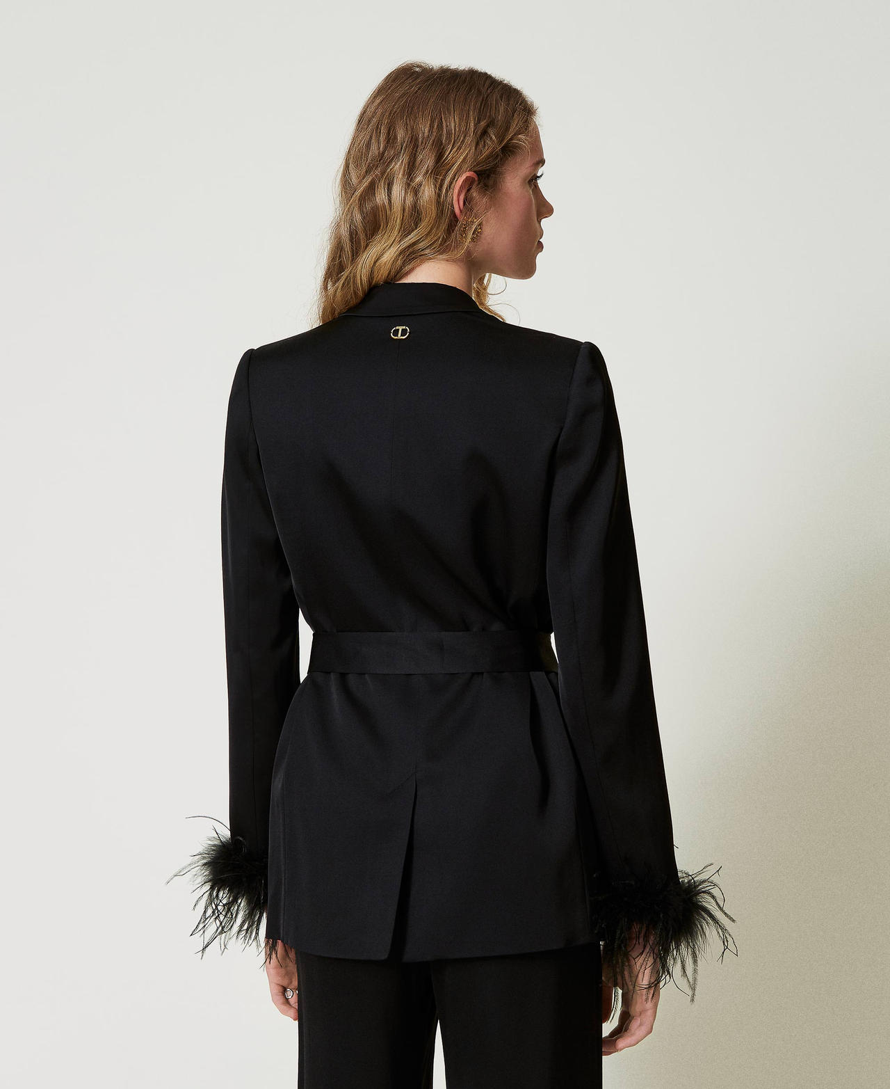 Satin blazer with feathers Black Woman 242TP2450_00006_03