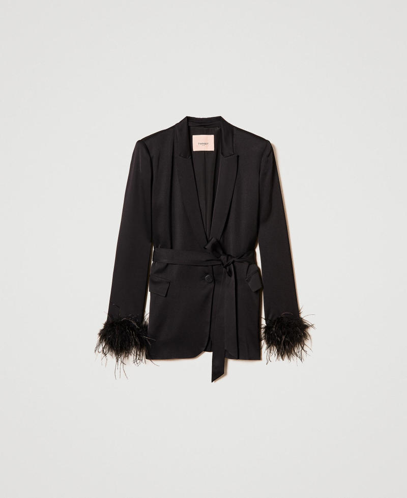 Satin blazer with feathers Black Woman 242TP2450_00006_0S