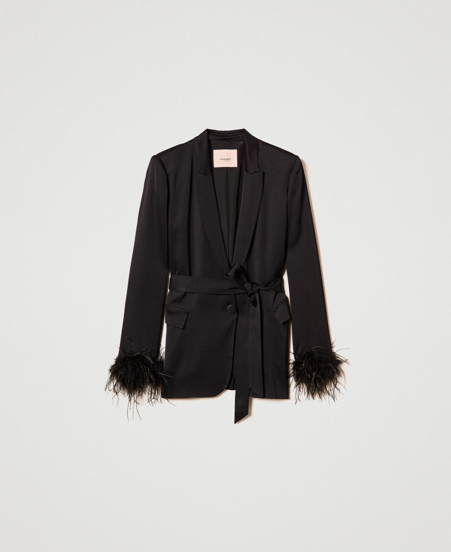 Satin blazer with feathers Black Woman 242TP2450_00006_S0