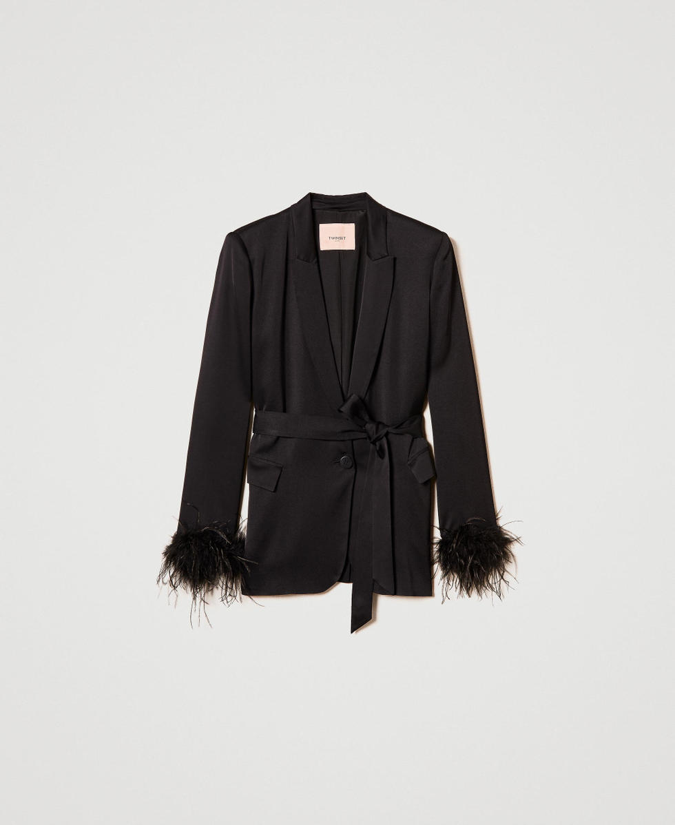 Satin blazer with feathers Black Woman 242TP2450_00006_S0