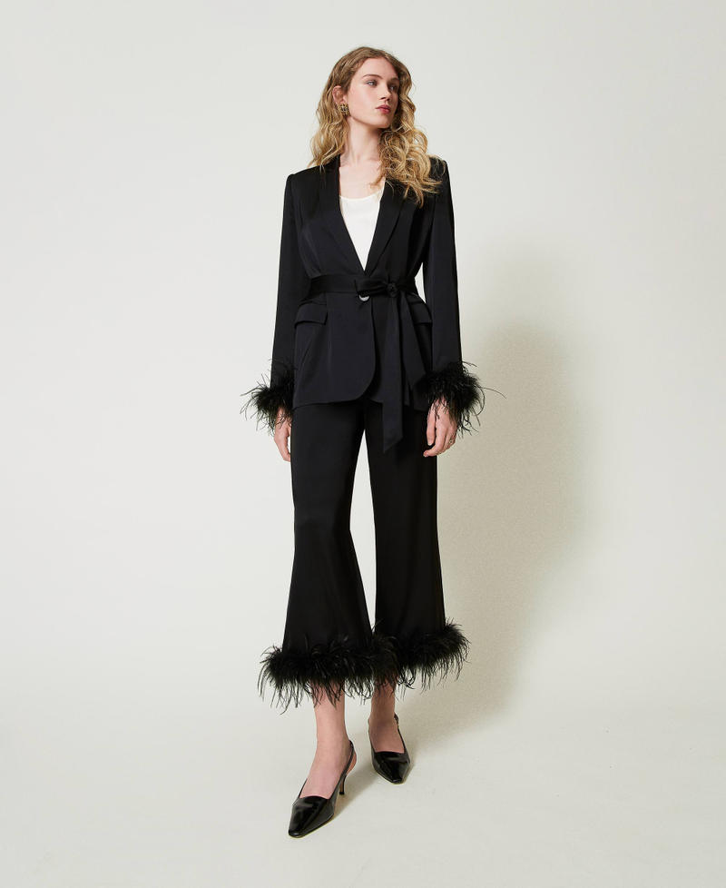 Satin blazer with feathers Black Woman 242TP2450_00006_T0