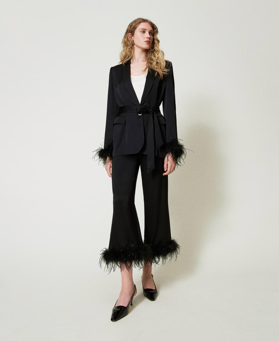 Satin blazer with feathers Black Woman 242TP2450_00006_T0