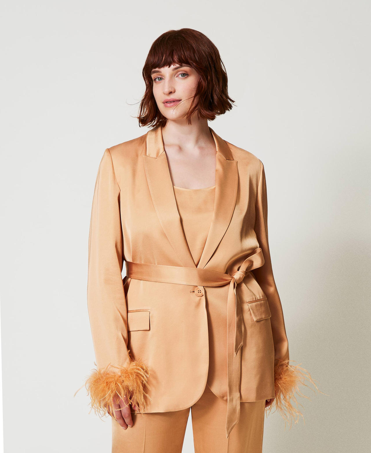 Satin blazer with feathers Bubbly Orange Woman 242TP2450_11751_01