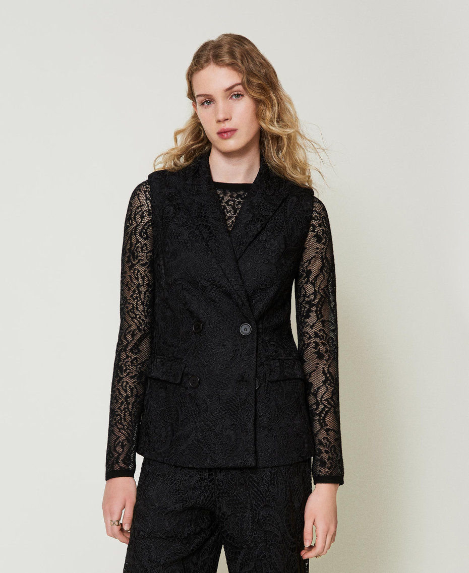 Macram&eacute; lace double-breasted waistcoat Black Woman 242TP2461_00006_01