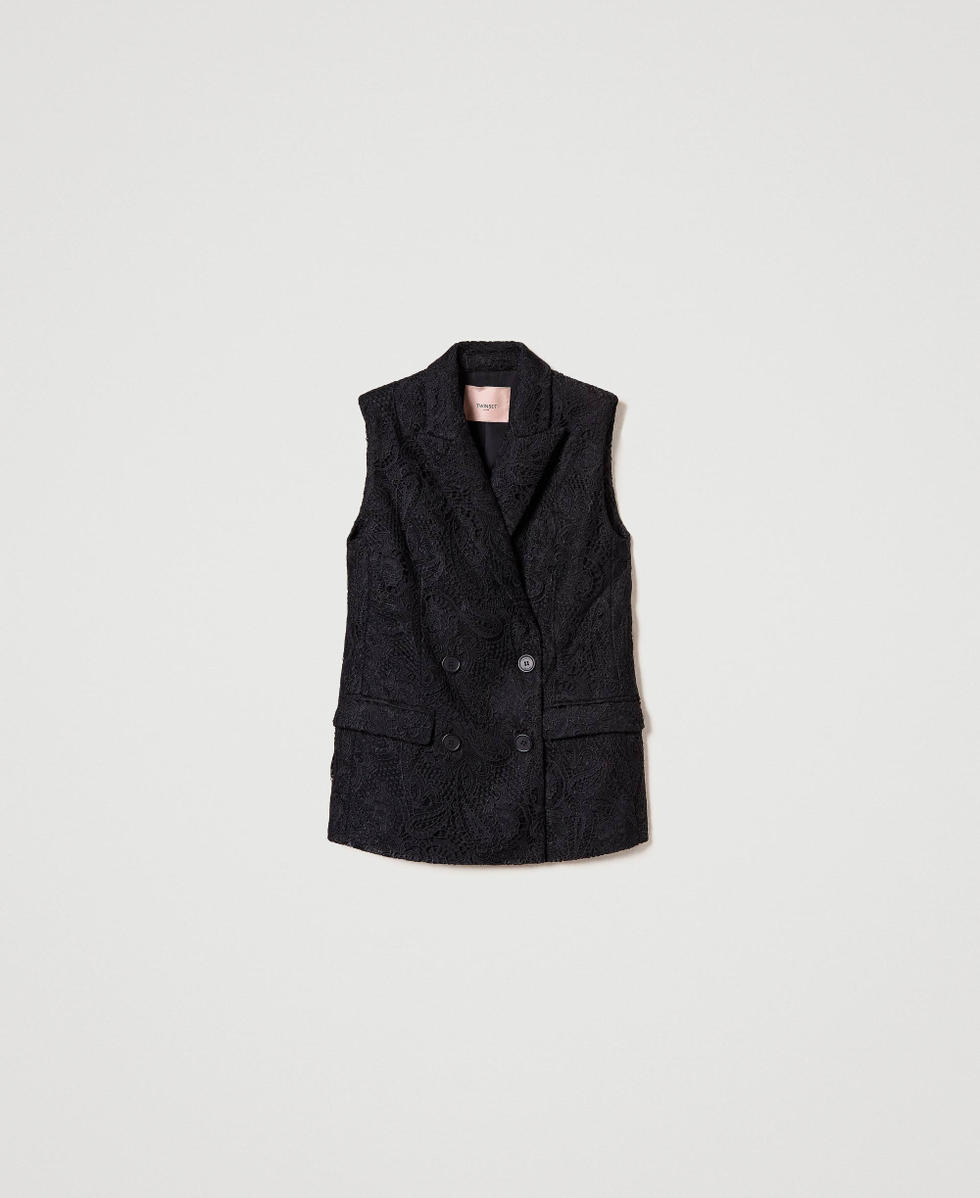 Chaleco de doble botonadura de encaje macram&eacute; Negro Mujer 242TP2461_00006_S0