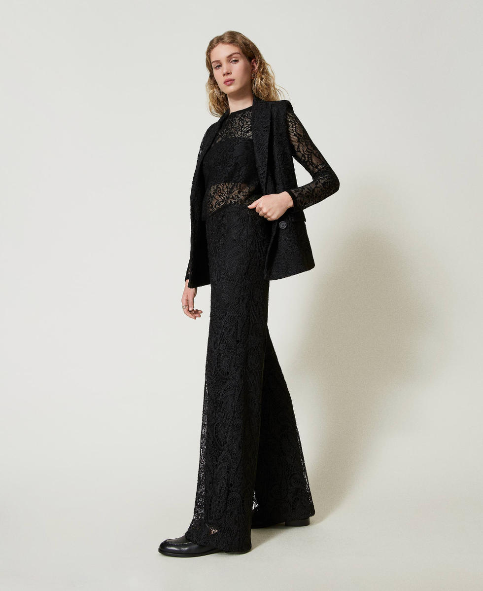 Pantalon ample en dentelle macrame Femme Noir TWINSET Milano