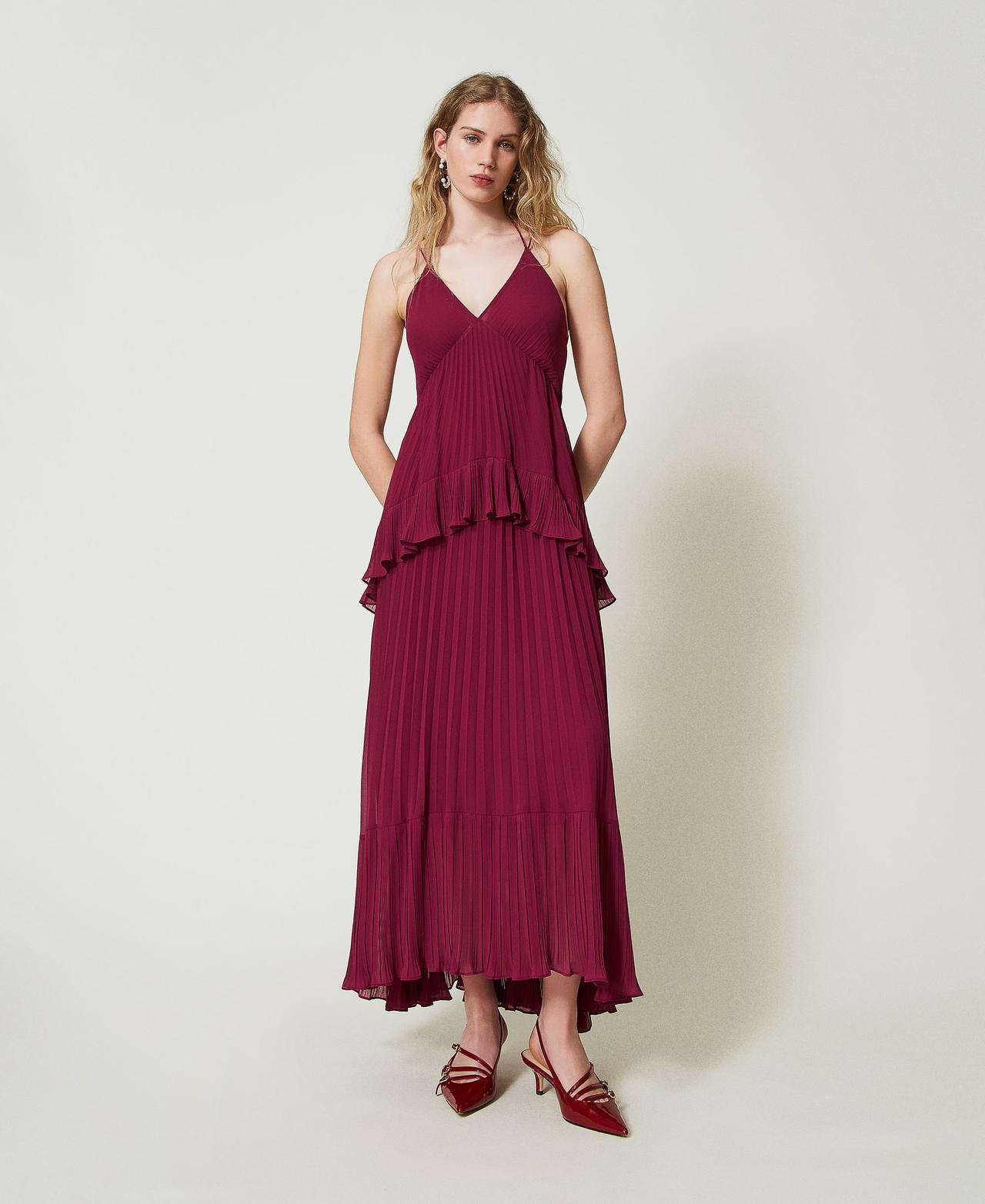 Long pleated georgette dress “Red Plum” Purple Woman 242TP2481-02