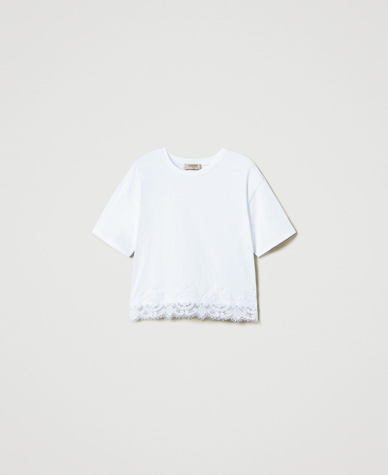 Macramé lace cropped T-shirt Woman, White | TWINSET Milano