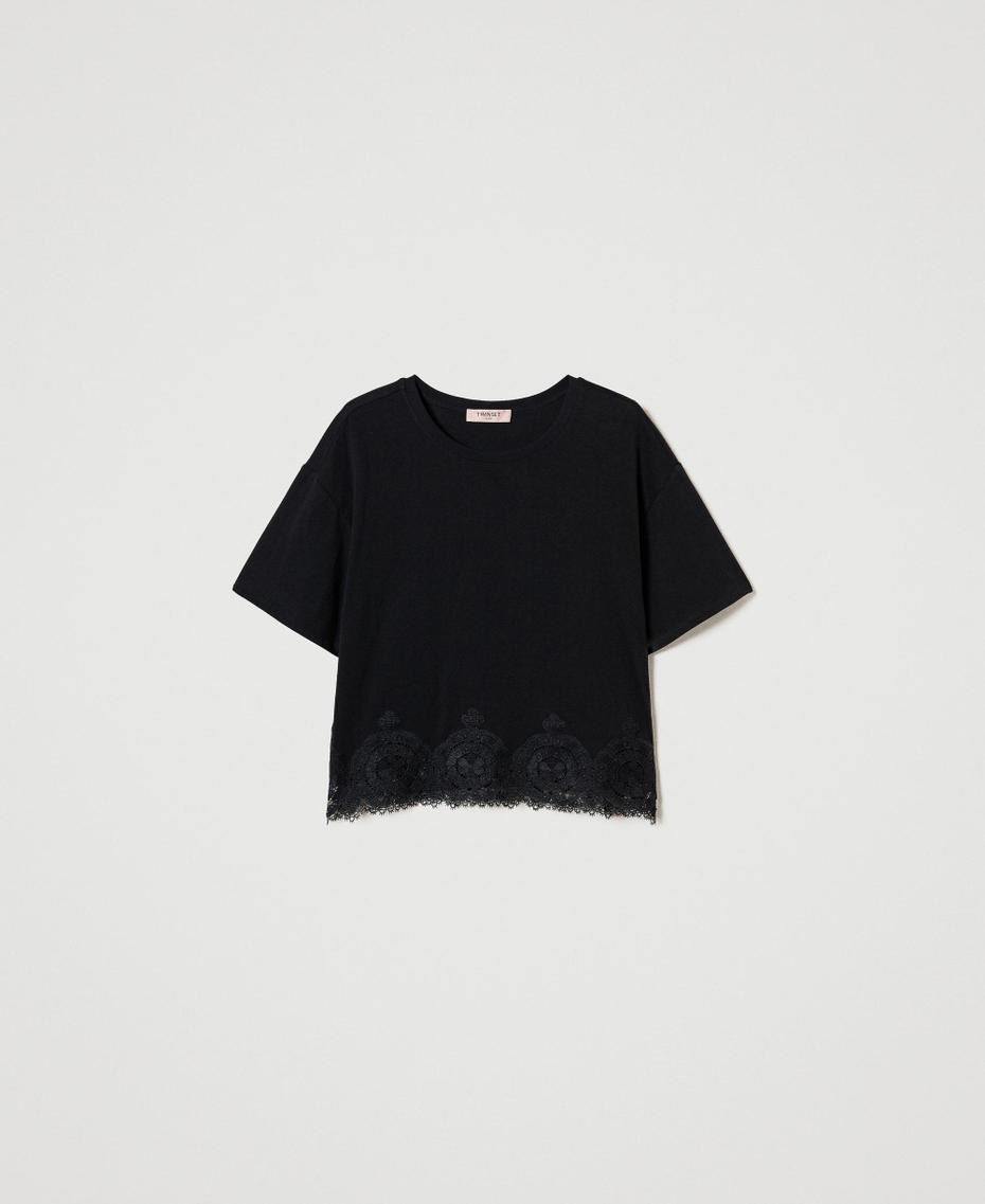 Macramé lace cropped T-shirt Black Woman 242TP2510_00006_S0