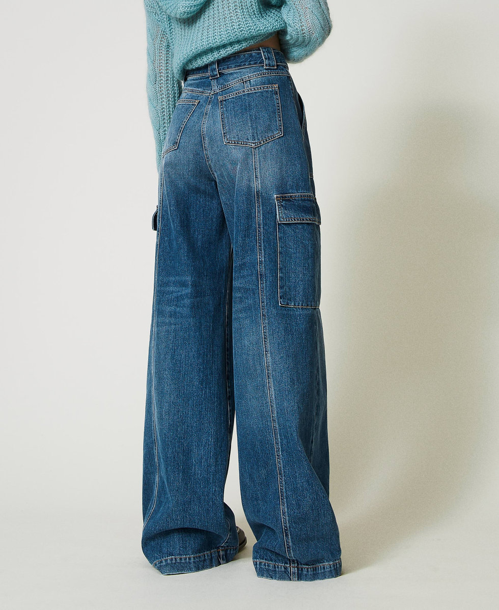 High waist cargo jeans with belt Woman, Blue | TWINSET Milano