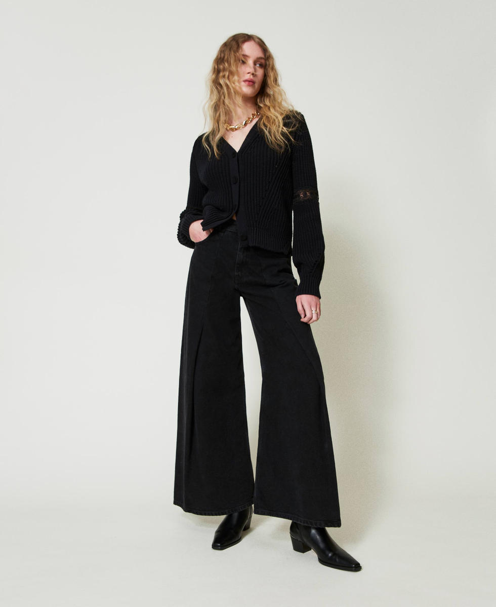 Jean cropped avec doubles boutons Denim Noir Femme 242TP2600_01103_01