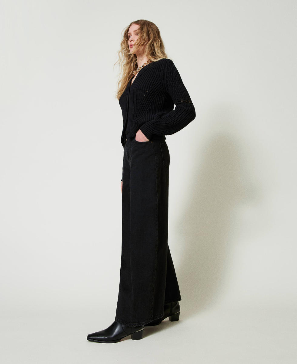 Jean cropped avec doubles boutons Denim Noir Femme 242TP2600_01103_02