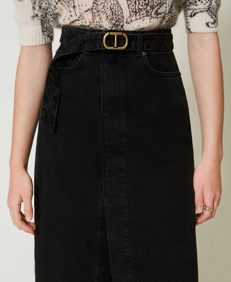Black denim skirt with belt sale