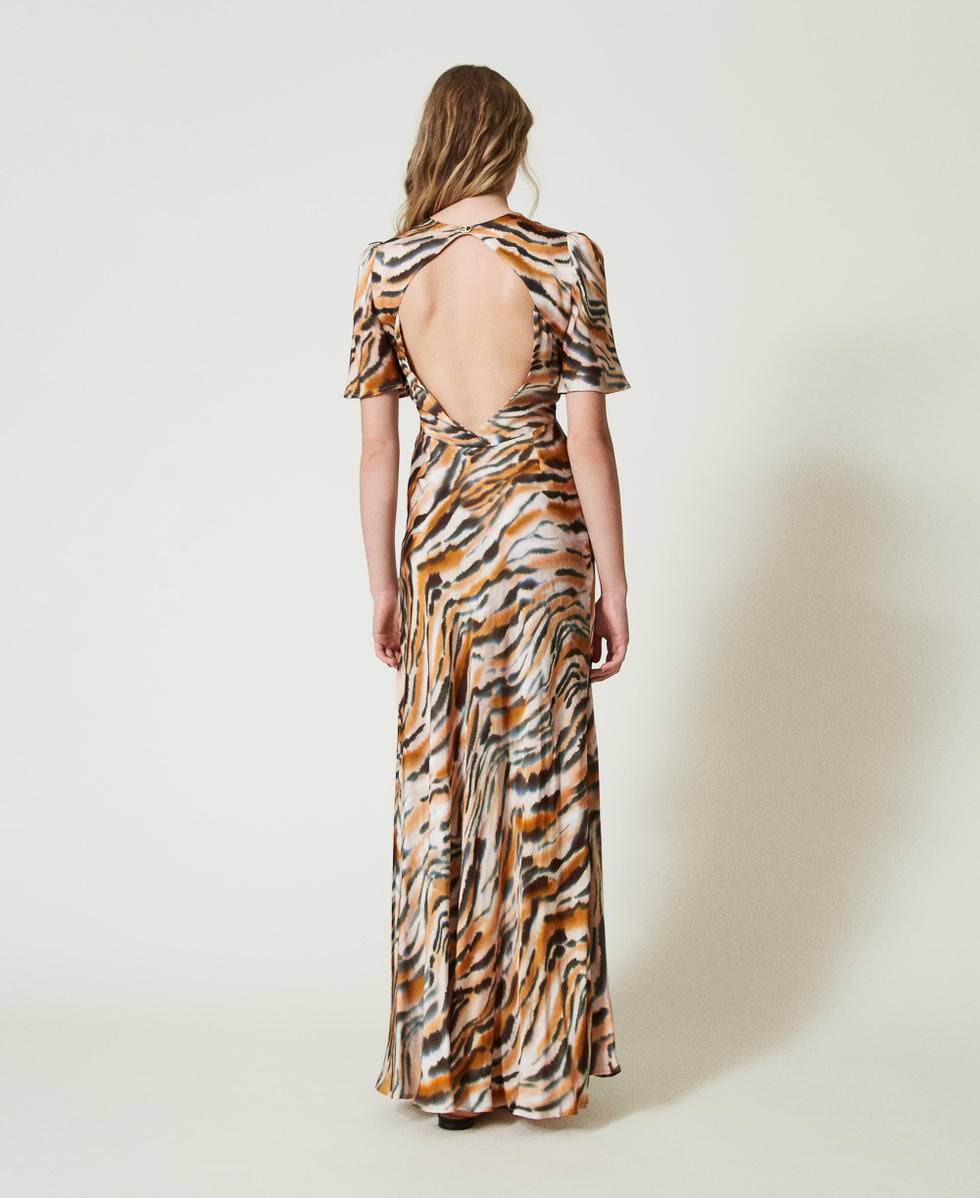 Long animal print satin dress Tenn&egrave; Orange / Black Tiger Print Woman 242TP2651_11825_03