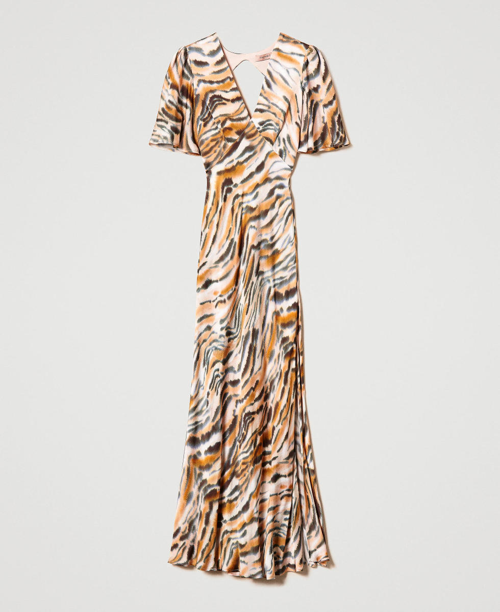 Long animal print satin dress Tenn&egrave; Orange / Black Tiger Print Woman 242TP2651_11825_S0