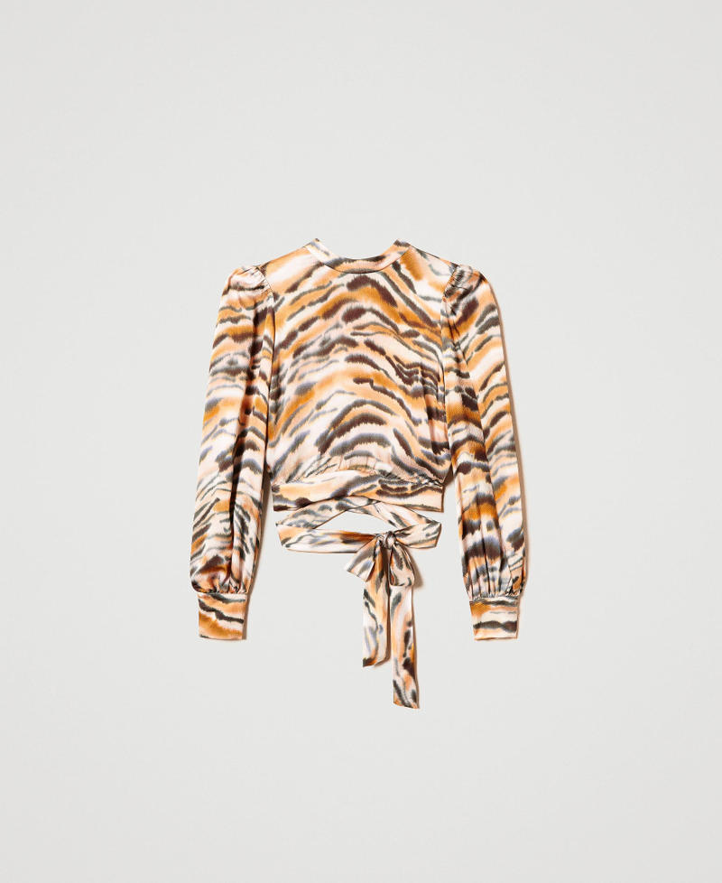 Cropped animal print satin blouse Tenn&egrave; Orange / Black Tiger Print Woman 242TP2654_11825_S0