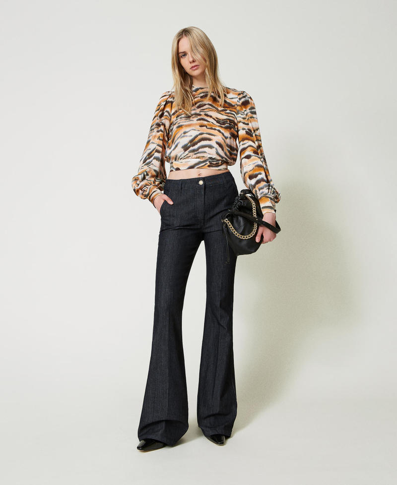 Cropped animal print satin blouse Tenn&egrave; Orange / Black Tiger Print Woman 242TP2654_11825_T0
