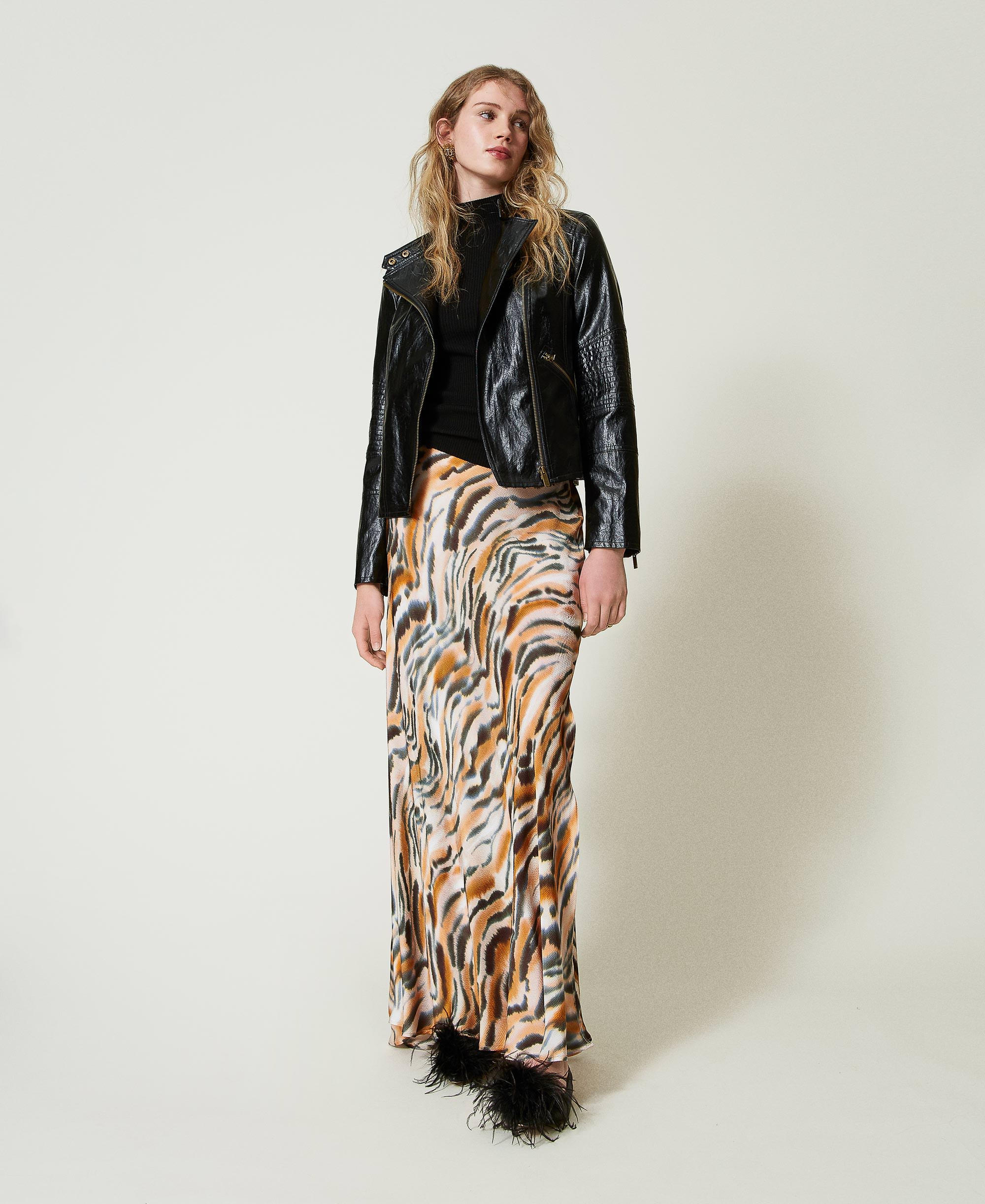 Long animal print satin skirt