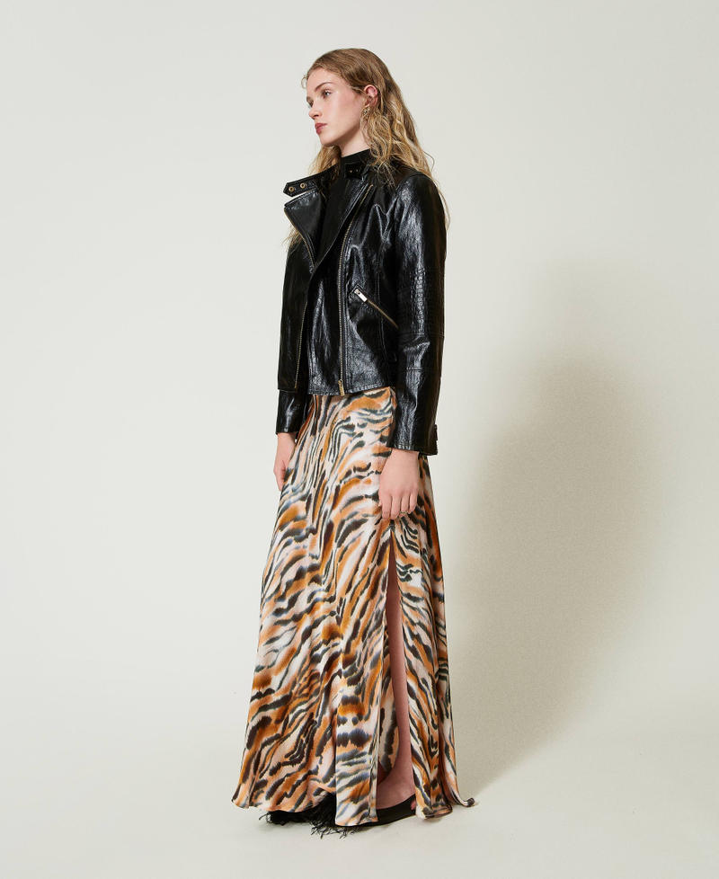 Jupe longue en satin animalier Imprimé Tigre Orange « Tanné »/Noir Femme 242TP2656_11825_02