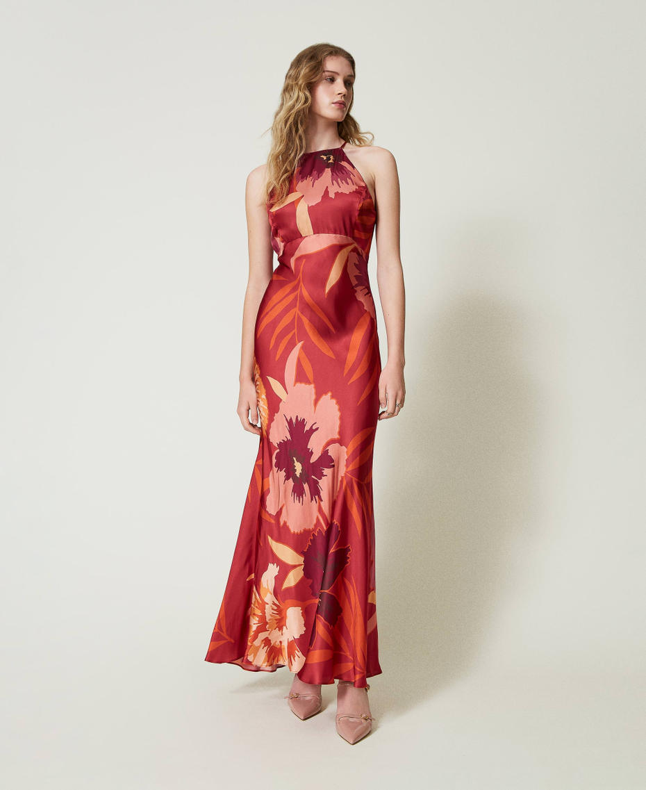 Long floral satin dress with halter neck Red / Red Plum Macro Flowers Woman 242TP2660-01