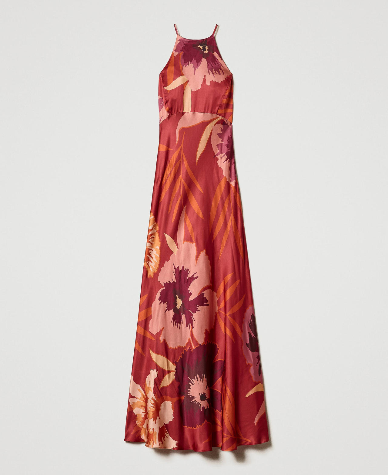 Long floral satin dress with halter neck Red / Red Plum Macro Flowers Woman 242TP2660_11916_0S