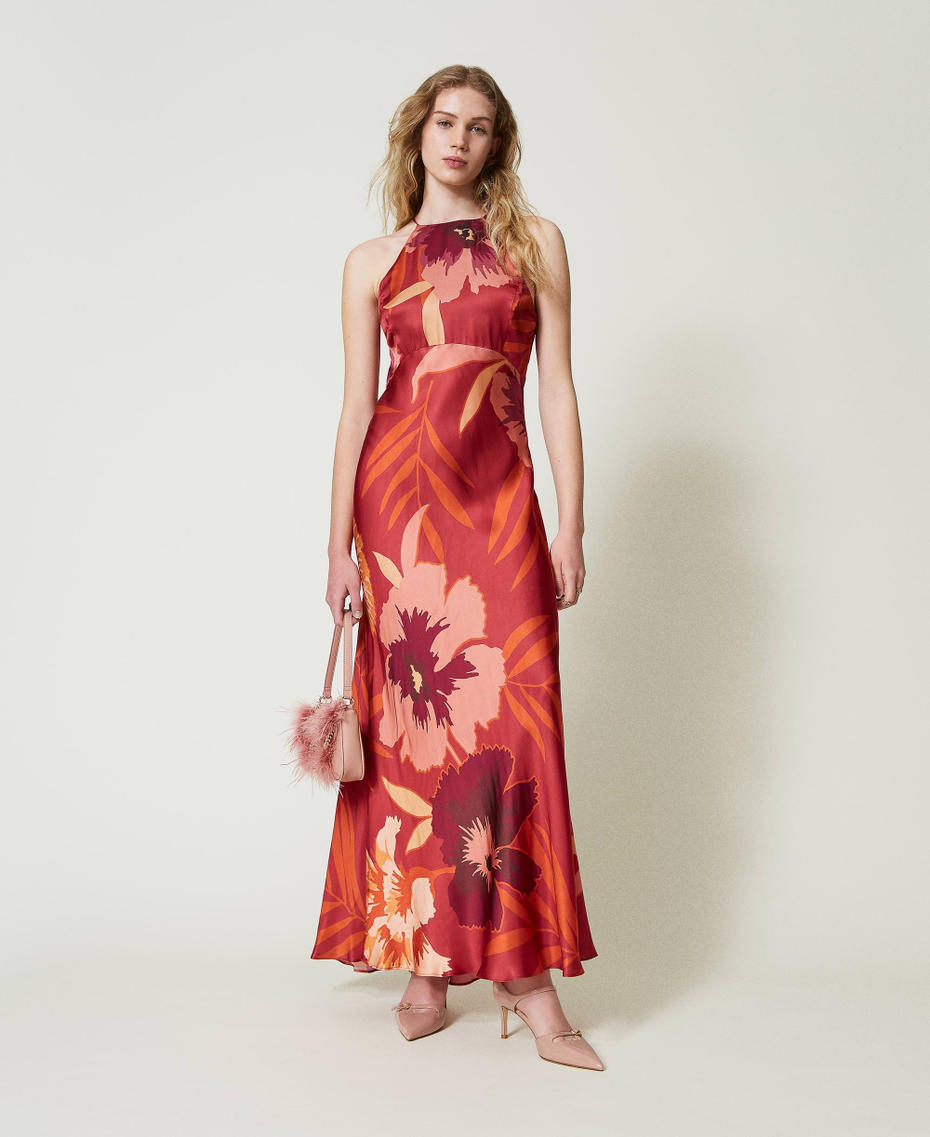 Long floral satin dress with halter neck Red / Red Plum Macro Flowers Woman 242TP2660_11916_0T