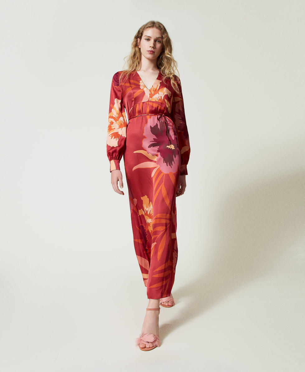 Robe longue en satin floral Grandes Fleurs Rouge/Red Plum Femme 242TP2661_11916_02