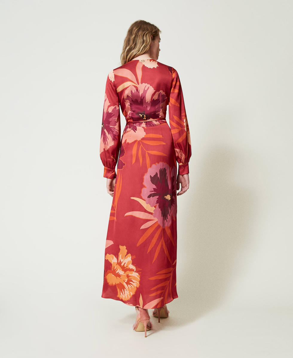 Robe longue en satin floral Grandes Fleurs Rouge/Red Plum Femme 242TP2661_11916_03
