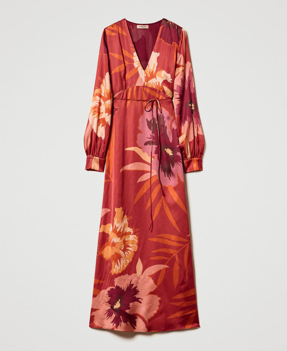 Robe longue en satin floral Grandes Fleurs Rouge/Red Plum Femme 242TP2661_11916_S0
