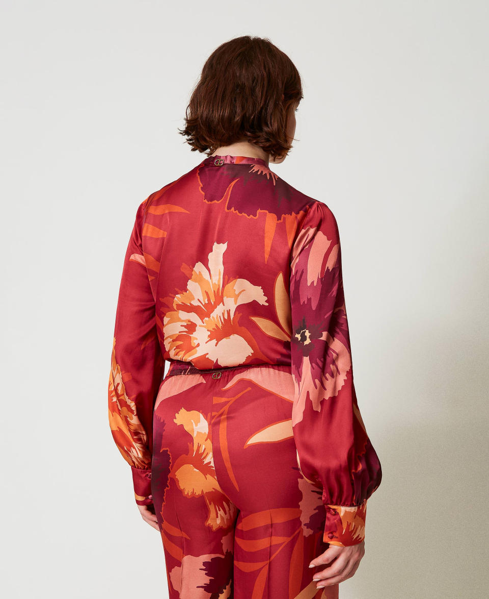 Camicia in raso a fiori Macro Flowers Rosso / Red Plum Donna 242TP2663_11916_03