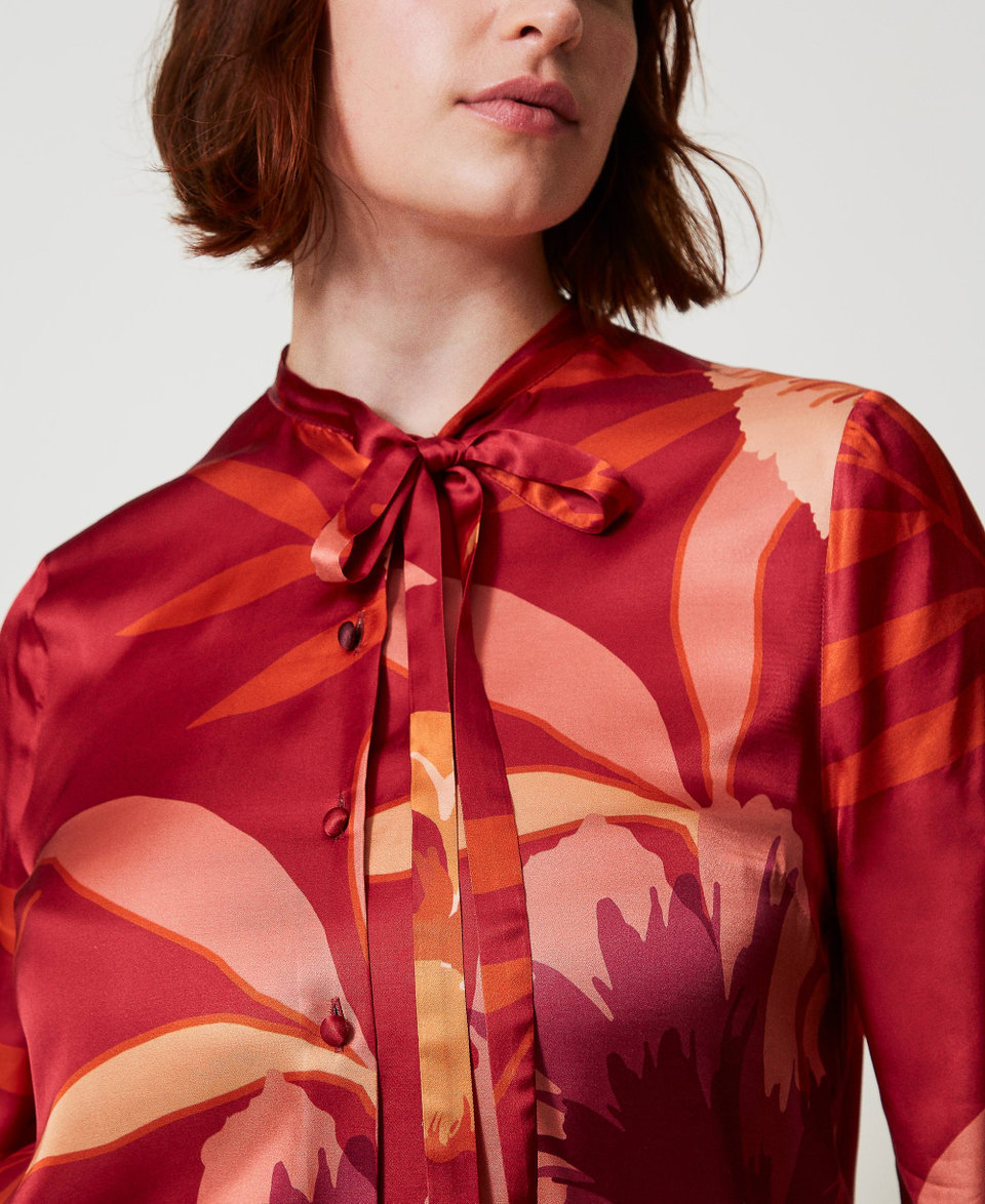 Camicia in raso a fiori Macro Flowers Rosso / Red Plum Donna 242TP2663_11916_04