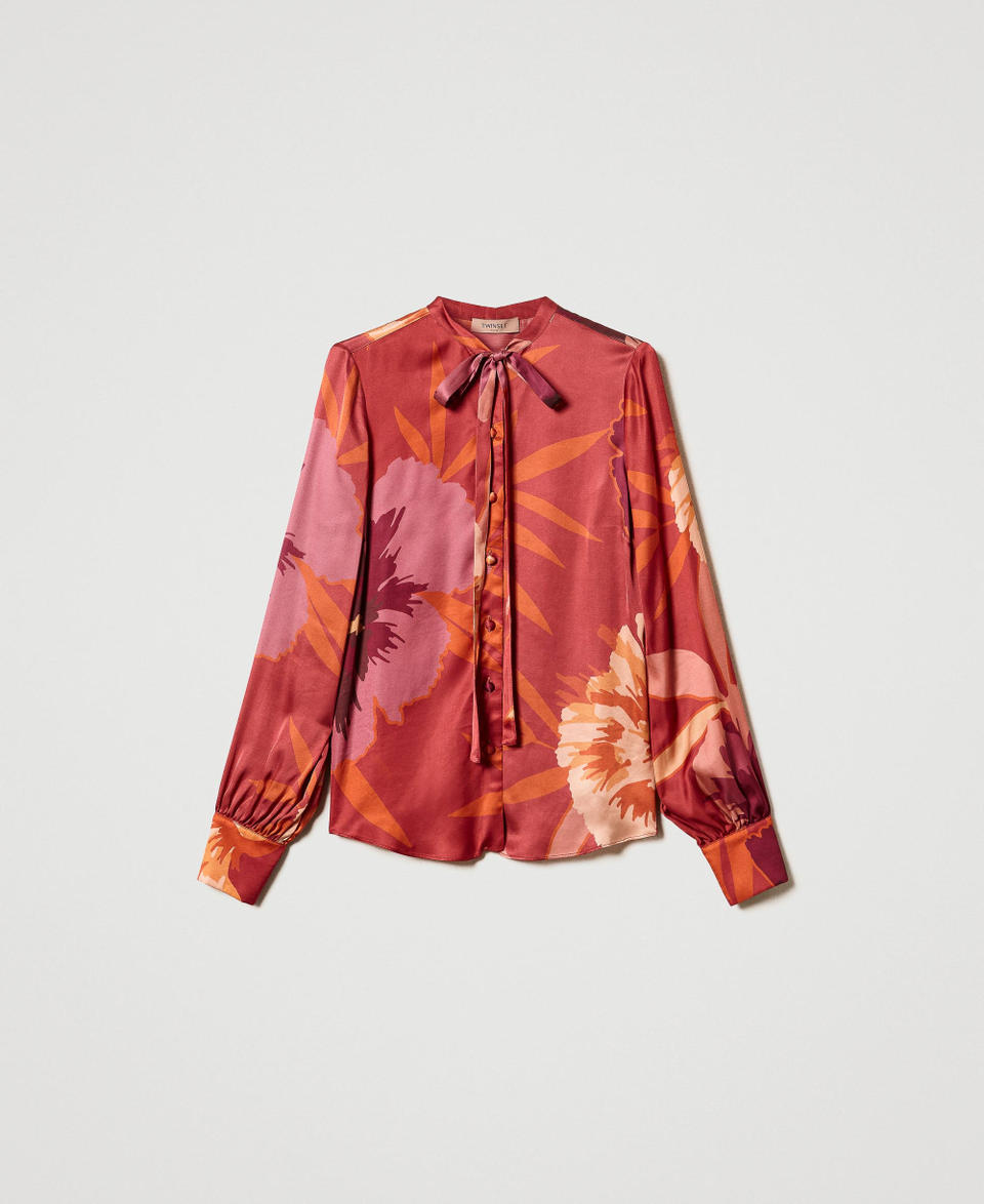 Camicia in raso a fiori Macro Flowers Rosso / Red Plum Donna 242TP2663_11916_0S