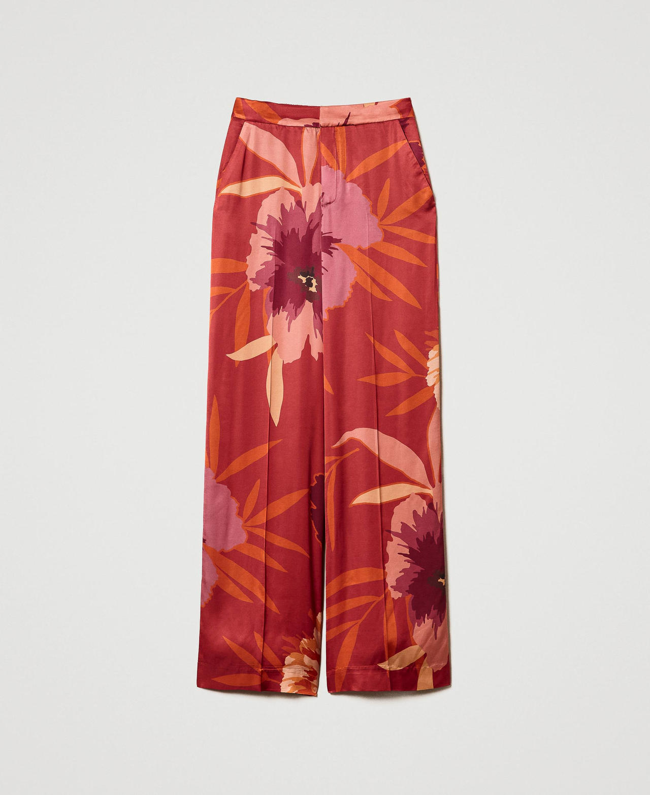 Wide leg floral satin trousers Red / Red Plum Macro Flowers Woman 242TP2664_11916_0S