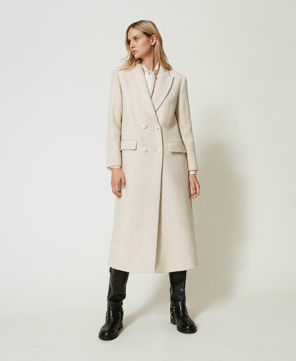 Double-breasted herringbone wool blend coat