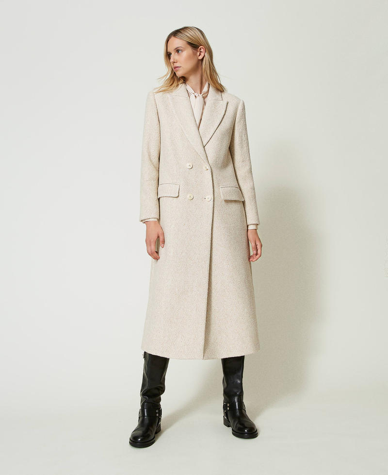 Double-breasted herringbone wool blend coat Snow / Gold Herringbone Woman 242TP2670_11773_01