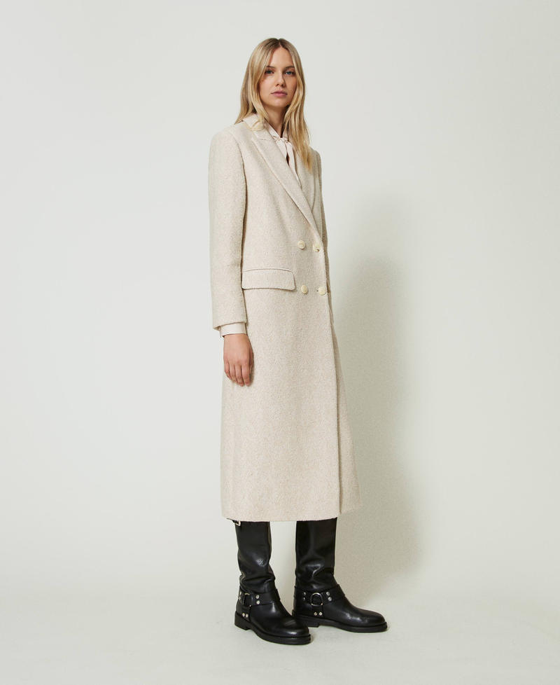 Double-breasted herringbone wool blend coat Snow / Gold Herringbone Woman 242TP2670_11773_02